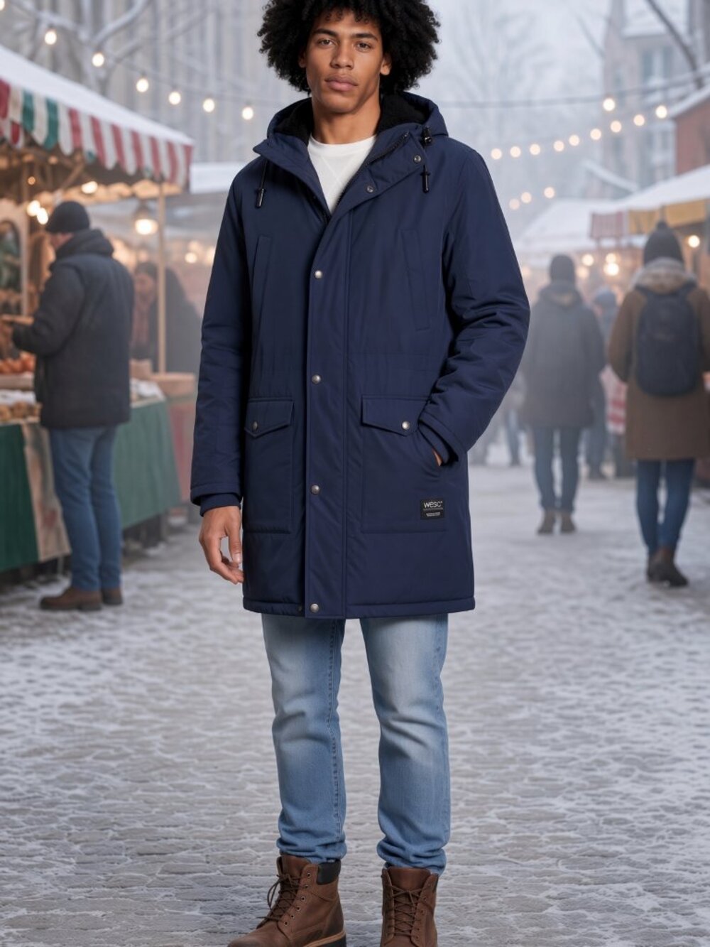 WeSC Blueberry Blue Full-Zip Winter Warm Unisex Parka Jacket Coat Men Size US M